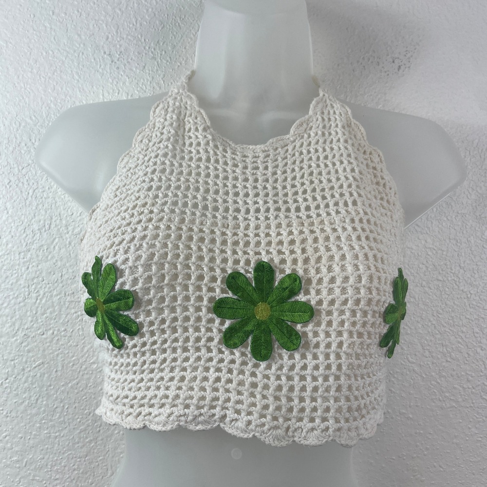 Jalate Womens Crochet Halter Crop Top Cream Green Daisy‎ Floral Embroidered M